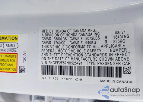 2022 Honda Civic Sport из США, поврежденный, VIN 2HGFE2F57NH525491